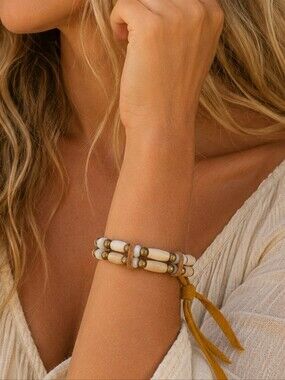Boho Artisan Wood Bead Bracelet with Leather Tie Closure | Rustic Bohemian